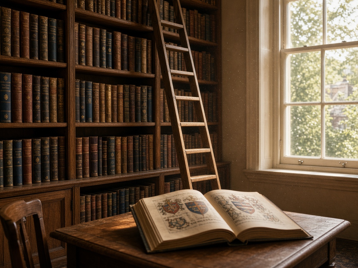 Oak shelves of armorial books beside a reading table and a tall window.