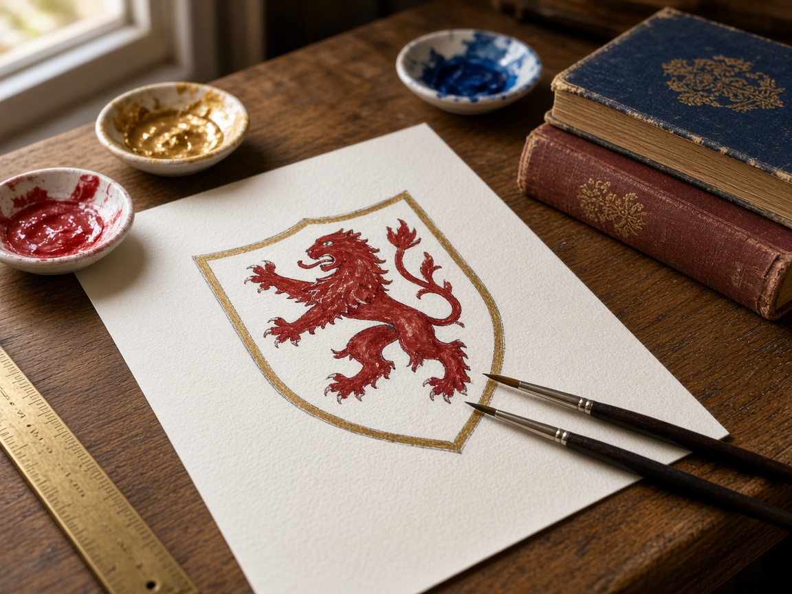 An oak desk with gouache, brushes, and a half-finished painted shield.