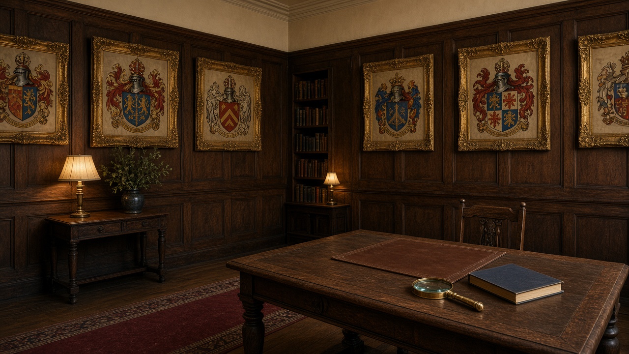 The study: oak paneling and a wall of framed painted crests.