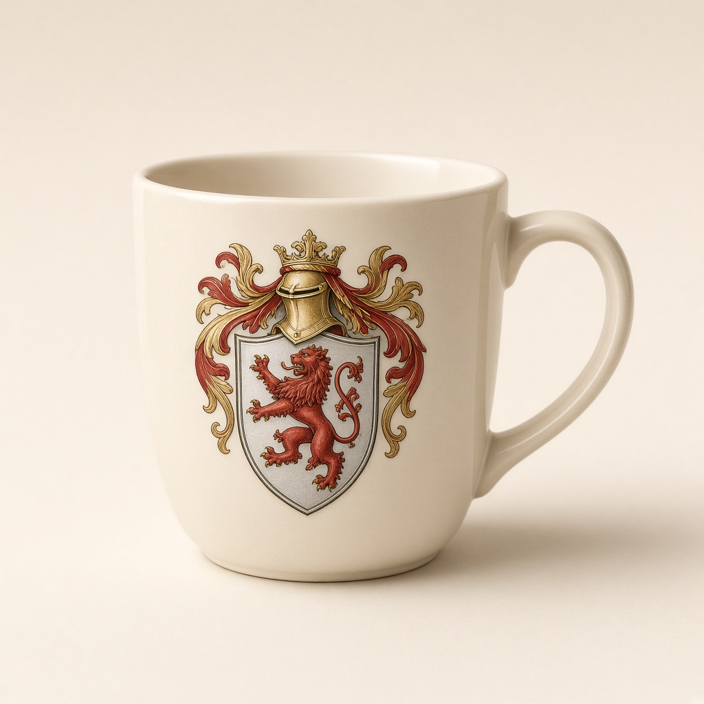 Cream ceramic mug printed with a red-lion family crest.