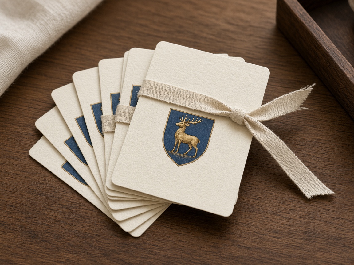 A tied set of cream bookplates printed with a small crest.
