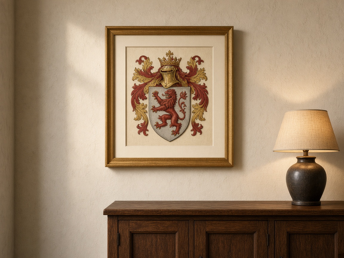 Gold-framed crest hanging on a cream plaster wall.