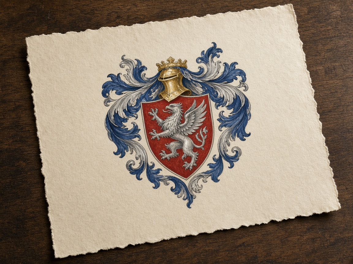 Cream presentation parchment with a painted griffin achievement.